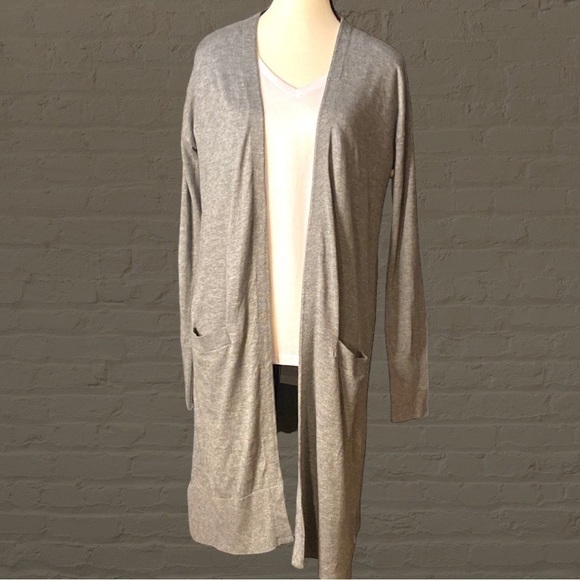 HALOGEN- grey cashmere blend lightweight open front longline cardigan w/pockets - Picture 6 of 14
